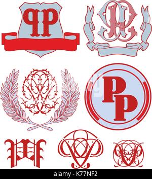 Ensemble de monogrammes et emblème décoratif pp des modèles avec deux lettres ss vector collection Illustration de Vecteur