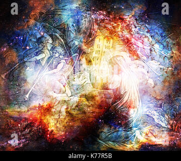 Moïse recevant les dix commandements de Dieu, de collage à partir de gravure d'nazareene l'école, publié dans la sainte bible, st.vojtech publishing, Trnava, Slovaquie, 1937. Banque D'Images