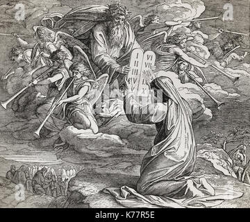 Moïse recevant les dix commandements de Dieu, de collage à partir de gravure d'nazareene l'école, publié dans la sainte bible, st.vojtech publishing, Trnava, Slovaquie, 1937. Banque D'Images