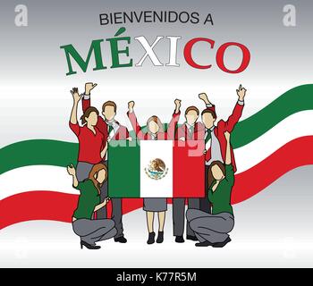 Bienvenue au Mexique en langue espagnole - Groupe de personnes vêtues des couleurs du drapeau mexicain, agitant les mains et tenant le drapeau - image vectorielle Illustration de Vecteur