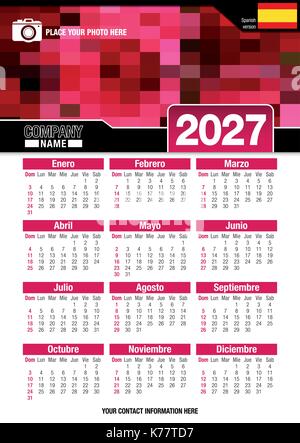 Calendrier mural 2027 utiles à la conception des couleurs rouge mosaïque. Format A4 vertical. Taille : 210mm x 297mm. Version espagnole - image vectorielle Illustration de Vecteur