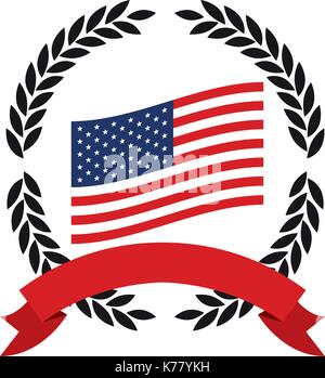 Drapeau des États-Unis à l'intérieur du cercle de branches d'olive noire et ruban rouge bas Illustration de Vecteur