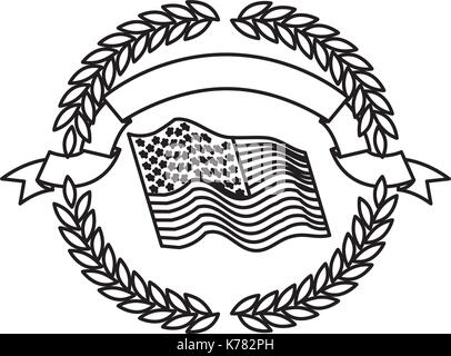 De brandir le drapeau des États-Unis à l'intérieur du cercle de branches d'oliviers avec le ruban sur le dessus en silhouette monochrome Illustration de Vecteur