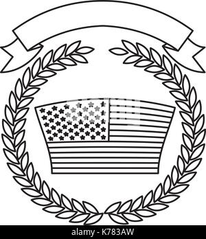 Drapeau des États-Unis à l'intérieur de la couronne de branches d'oliviers avec le ruban sur le dessus en silhouette monochrome Illustration de Vecteur