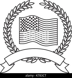 De brandir le drapeau des États-Unis à l'intérieur de la couronne de branches d'oliviers avec le ruban sur le bas en silhouette monochrome Illustration de Vecteur