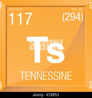 Tennessine symbole. L'élément numéro 117 du tableau périodique des éléments - Chimie - Cadre carré à fond jaune Illustration de Vecteur