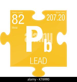 Symbole de plomb. Numéro de l'élément 82 du tableau périodique des éléments - Chimie - morceau de puzzle à fond jaune Illustration de Vecteur