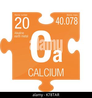 Symbole de calcium. Numéro de l'élément 20 du tableau périodique des éléments - Chimie - morceau de puzzle avec fond orange Illustration de Vecteur
