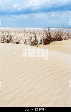 Photographie verticale de dunes de sable avec du sable ondulations à l'intérieur de la réserve naturelle de Westhoek par la mer du Nord près de De Panne, Belgique. Banque D'Images