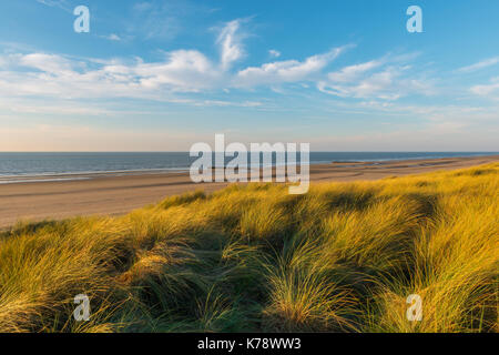 Coucher du soleil dans les magnifiques dunes de sable d'Ostende avec vue sur la mer du Nord et la plage un soir d'été, la Belgique. Banque D'Images