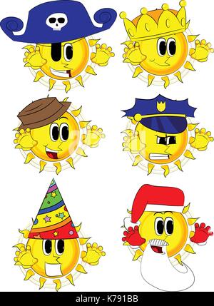 Cartoon soleil est d'essayer de vous faire peur. collection de costumes avec expressions. vector set. Illustration de Vecteur