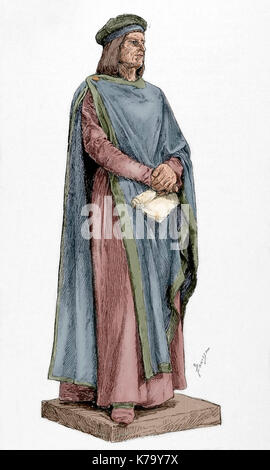 Bernard Desclot. Chroniqueur catalan. 13e siècle. Portrait. Gravure par Panissa. 'La Ilustracion Catalana', 1888. De couleur. Banque D'Images