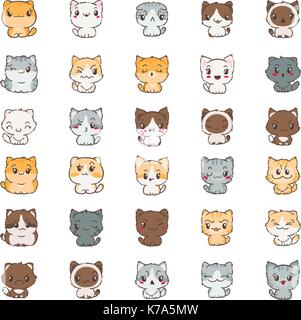Cute cartoon chats et chiens avec différentes émotions. sticker collection. vector set de doodle et des émoticônes emoji Illustration de Vecteur