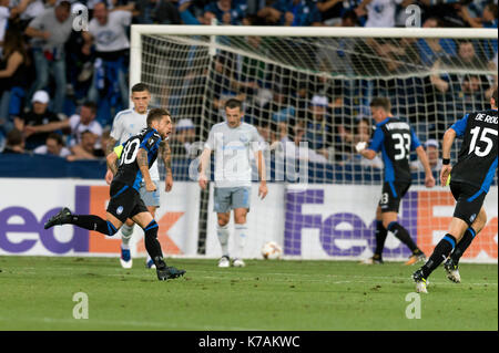 Reggio Emilia, Italie. 14Th sep 2017. Alejandro Gomez (atalanta) football/soccer : Alejandro Gomez, d'Atalanta célèbre après avoir marqué leur deuxième but pendant l'UEFA Europa League groupe e match entre l'Atalanta BC 3-0 everton fc au stade mapei - Citta del tricolore à Reggio Emilia, Italie . Crédit : Maurizio borsari/aflo/Alamy live news Banque D'Images