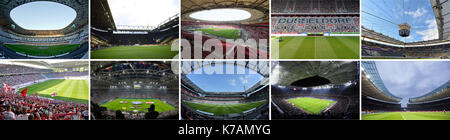 Combo - un tableau montre les stades de football (haut l-r) Allianz Arena de Munich, le rapport Signal Iduna Park de Dortmund, dans mercedes-benz-arena de Stuttgart , esprit arena de Düsseldorf, Commerzbank Arena de Francfort (en bas l-r) red bull arena à Leipzig, l'arena auf Schalke 04 à Gelsenkirchen, stade rheinenergiestadion à Cologne, à Hambourg, volksparkstadion Olympiastadion à Berlin. ces dix villes et les stades ont été sélectionnés par la fédération allemande de football (DFB) pour l'euro 2024, l'offre allemande le 15 septembre 2017. photo : daniel karmann/dpa Banque D'Images