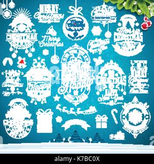 Décoration de Noël collection de design typographique et calligraphique avec étiquettes de vacances, les symboles et les icônes des éléments de conception sur fond de paysage d'hiver bleu. vector illustration set. Illustration de Vecteur