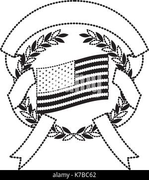 Drapeau des États-Unis à l'intérieur du cercle de branches d'oliviers et d'entrelacement de ruban monochrome en silhouette en pointillé Illustration de Vecteur