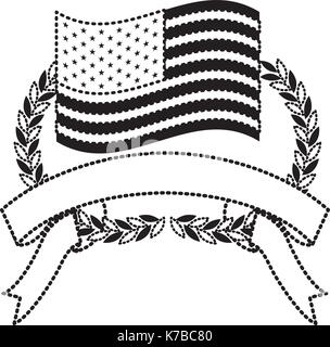 Drapeau des États-Unis à l'intérieur des branches d'oliviers arc et ruban sur fond monochrome en silhouette en pointillé Illustration de Vecteur