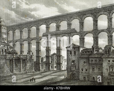 L'Espagne. Segovia. Aqueduc romain. La gravure. 19e siècle. Banque D'Images