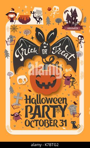 Maison de vacances Happy Halloween de modèle avec funny cartoon smiling bat des ailes et se propager avec Trick or Treat Halloween citrouille sculptée comptable lettrage contre fond orange. Illustration de Vecteur
