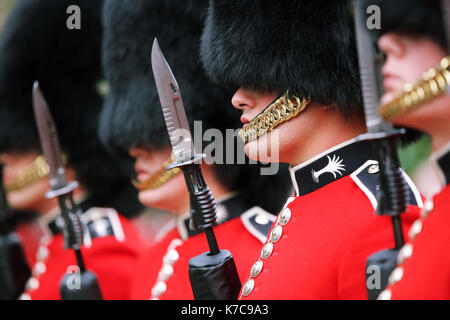 Sur la photo : le Welsh Guards Parade à travers la place du château à Swansea. Vendredi 15 septembre 2017 Re : Des soldats du Welsh Guards ont exercé leur Banque D'Images