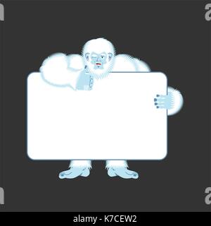 Yeti holding banner vierge. bigfoot et blanc vierge. abominable homme émotion joyeuse. big white monster et la place pour le texte. vector illustration Illustration de Vecteur