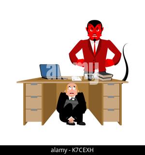 Businessman peur sous la table de Satan. Peur de l'homme d'affaires en travaux conseil. prendre à l'enfer. patron peur bureau. Pour masquer de Red Devil. vector Illustration de Vecteur