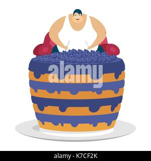 Gros type est assis sur une chaise et de bleuets gâteau. glouton d'épaisseur l'homme et de tarte. fatso vector illustration Illustration de Vecteur