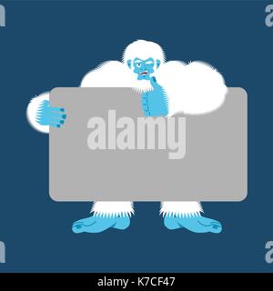 Yeti holding banner vierge. bigfoot et blanc vierge. abominable homme émotion joyeuse. big white monster et la place pour le texte. vector illustration Illustration de Vecteur