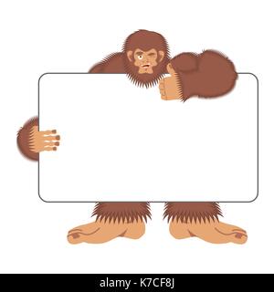 Bigfoot holding banner vierge. yeti et blanc vierge. abominable homme émotion joyeuse. big brown monster et la place pour le texte. vector illustration Illustration de Vecteur