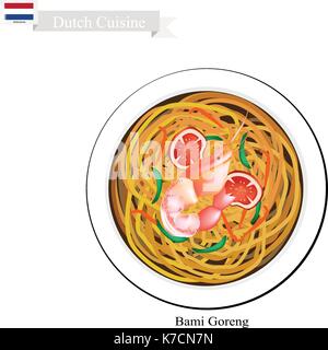 La cuisine néerlandaise, bami goreng ou traditionnelles nouilles frites avec prawn. L'un des plus célèbre plat en Pays-Bas. Illustration de Vecteur