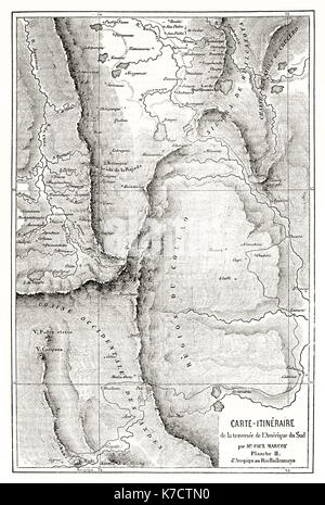 Région andine vieille carte. Par Erhard et Bonaparte, publ. sur le Tour du Monde, Paris, 1862 Banque D'Images