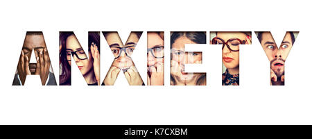 Mot composé d'anxiété anxiété peur a souligné visages d'hommes et de femmes Banque D'Images