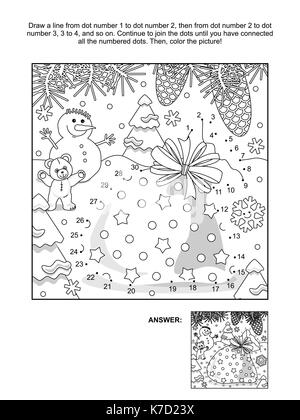 Nouvelle année ou relier les points sur le thème de noël photo puzzle et coloriage avec Santa's sack. réponse inclus. Illustration de Vecteur