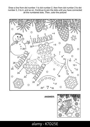 Sur le thème de l'hiver ou les vacances d'hiver, relier les points photo puzzle et coloriage avec chaussettes tricotées. réponse inclus. Illustration de Vecteur