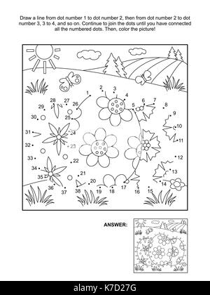 Relier les points sur le thème de Pâques photo puzzle et coloriage avec trois oeufs peints. réponse inclus. Illustration de Vecteur