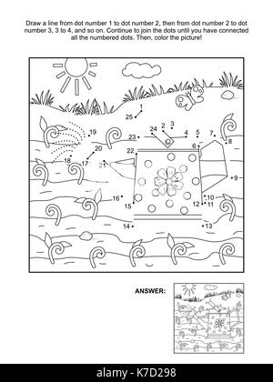 Jardinage du printemps et de relier les points à thème photo puzzle et coloriage avec arrosoir et les jeunes pousses. réponse inclus. Illustration de Vecteur