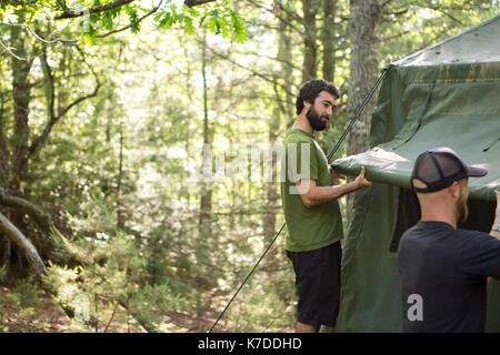 Les randonneurs masculins qui tente de camping en forêt Banque D'Images