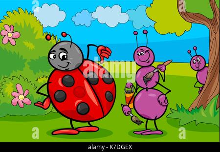 Cartoon illustration de l'ant et les caractères des animaux insectes coccinelle Illustration de Vecteur