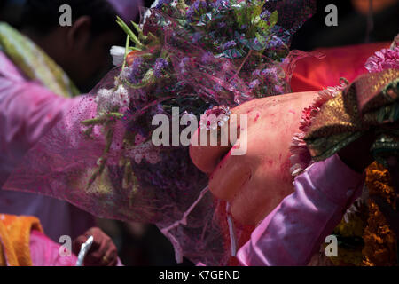 L'image de la bague dans le doigt de Ganpati pour éléphant dirigé le seigneur célèbre lalbaug cha Raja sur la façon d'immersion à lalbaug, .Mumbai, Inde Banque D'Images
