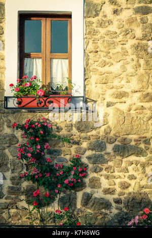 Mur de pierre avec fenêtre et fleurs dans le style italien ou français. Banque D'Images