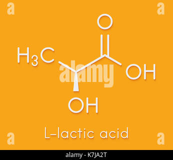 L'acide lactique (acide L-lactique) molécule de sucre de lait. de l'acide polylactique (PLA). bioplastique présents dans le lait. formule topologique. Banque D'Images