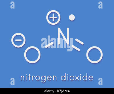 Le dioxyde d'azote (NO2) de la pollution de l'air. molécule composé de radicaux libres, également connu sous le nom de nox. formule topologique. Banque D'Images