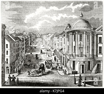 Vue ancienne de State Street, Albany, États-Unis. Par auteur non identifié, publ. sur le Penny Magazine, Londres, 1837 Banque D'Images