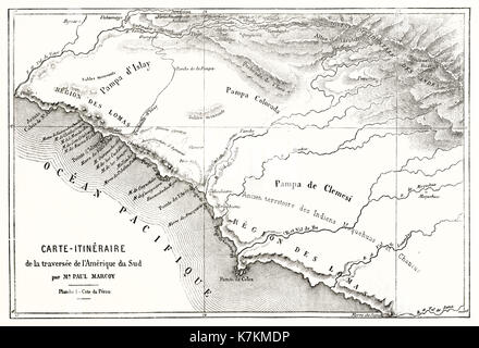 Ancienne carte et itinéraire de l'explorateur Paul Marcoy Sothern dans l'Amérique. Par Erhard et Bonaparte, publ. sur le Tour du Monde, Paris, 1862 Banque D'Images