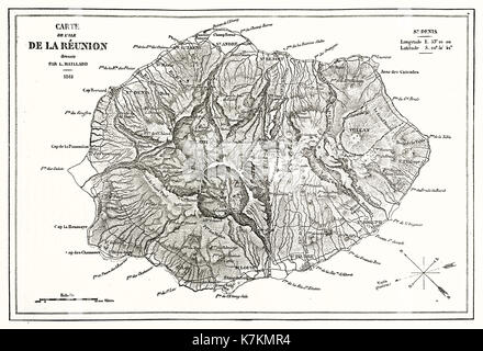 Carte ancienne de l'île de la réunion. Par Erhard et Bonaparte, publ. sur le Tour du Monde, Paris, 1862 Banque D'Images