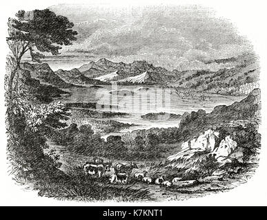 Vue ancienne de Derwentwater, Angleterre. Par auteur non identifié, publ. sur le Penny Magazine, Londres, 1837 Banque D'Images