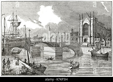 Vue ancienne d'un nouveau pont et l'église Holy Trinity, Weymouth, Royaume-Uni. Par auteur non identifié, publ. sur le Penny Magazine, Londres, 1837 Banque D'Images