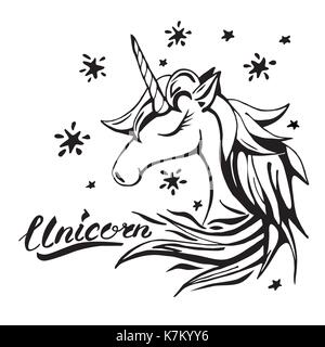 Texte Unicorn et le caractère dans un style de tatouage Illustration de Vecteur