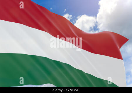 Le rendu 3D de brandir le drapeau de la Hongrie sur fond de ciel bleu, la Hongrie est un pays enclavé au centre de l'Europe. Sa capitale est Budapest, 15 mars est na Banque D'Images